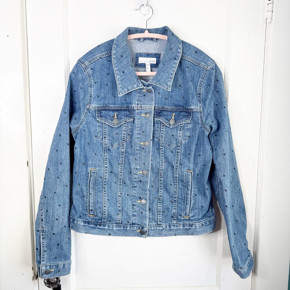 LOFT Collared Long Sleeve Polka Dot Denim Jacket Stretch Size Large L Preppy